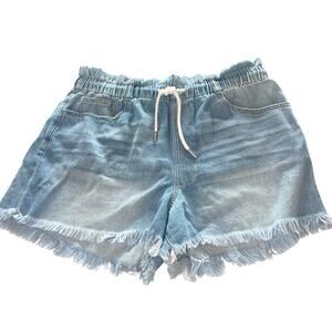 Juicy Couture Denim Med Light Wash Paperbag Waist Drawstring Raw Hem Shorts 32